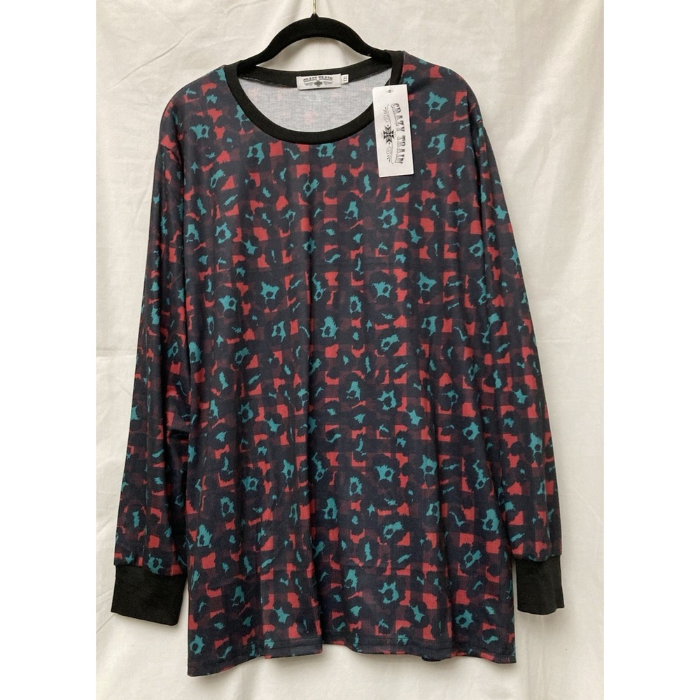Crazy Train Women's Buffalo Plaid & Green Leopard Print Long Sleeve Top - SZ 2X